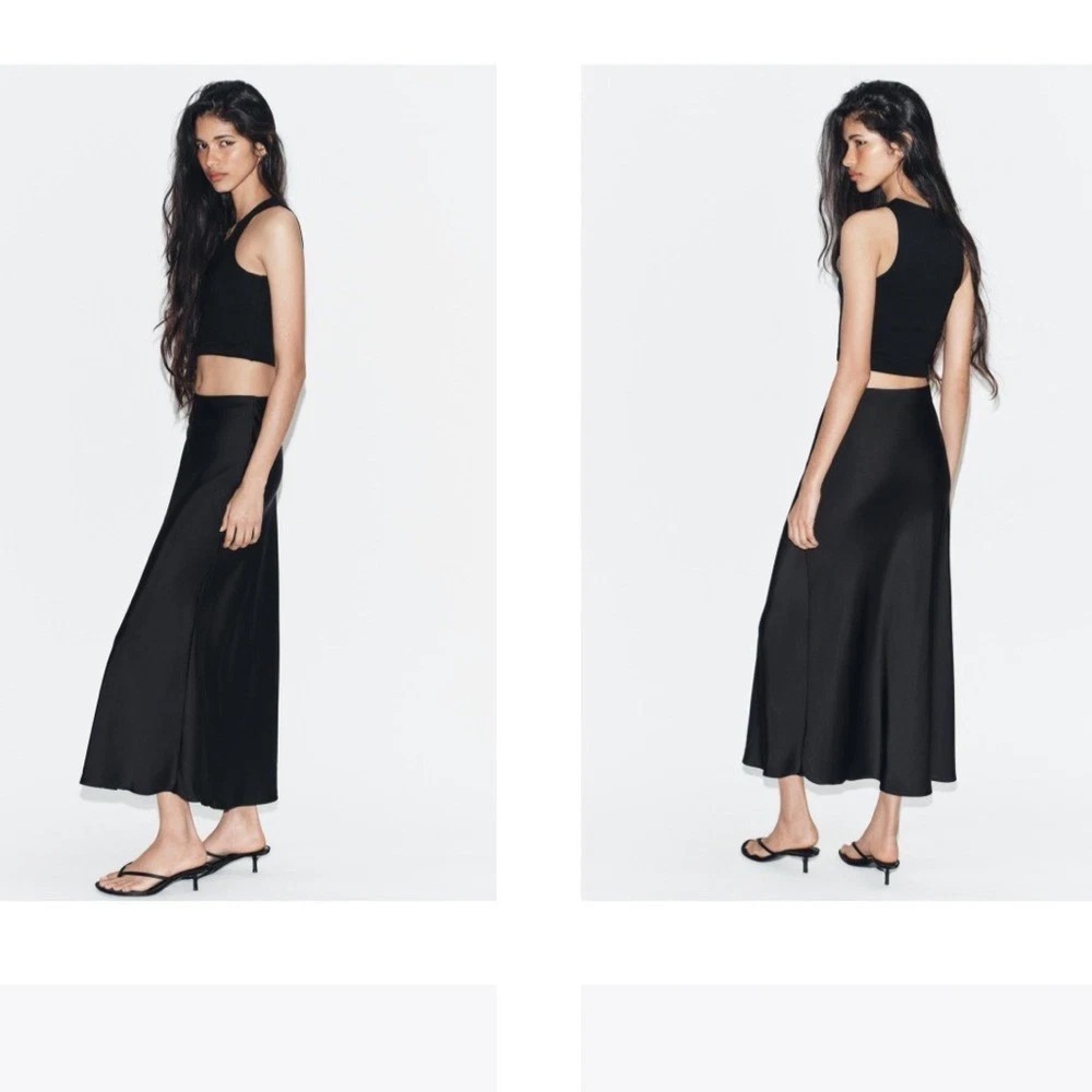 Zara Black Satin Effect Midi Maxi Slip Skirt Pull On Sz S TIK-TOK Blogger  8338